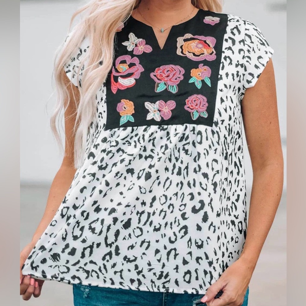 Floral Embroidered Leopard print top large